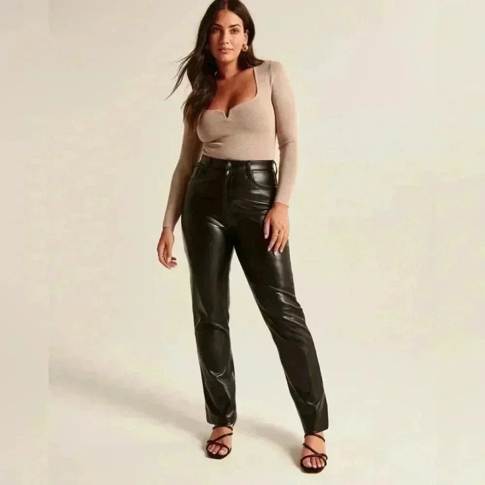 Abercrombie and Fitch Curve Love Black Vegan Leather 90s Straight Pant Size 33